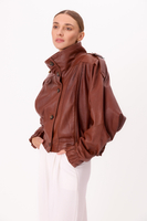 BROWN LEATHER BOMBER JACKET WITH HIGH COLLAR