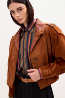 RED SUEDE JACKET WITH DECORATIVE PATTERNS