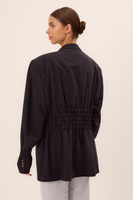 LONG PLAIN NAVY BLUE FITTED JACKET WITH ELASTIC SLEEVES