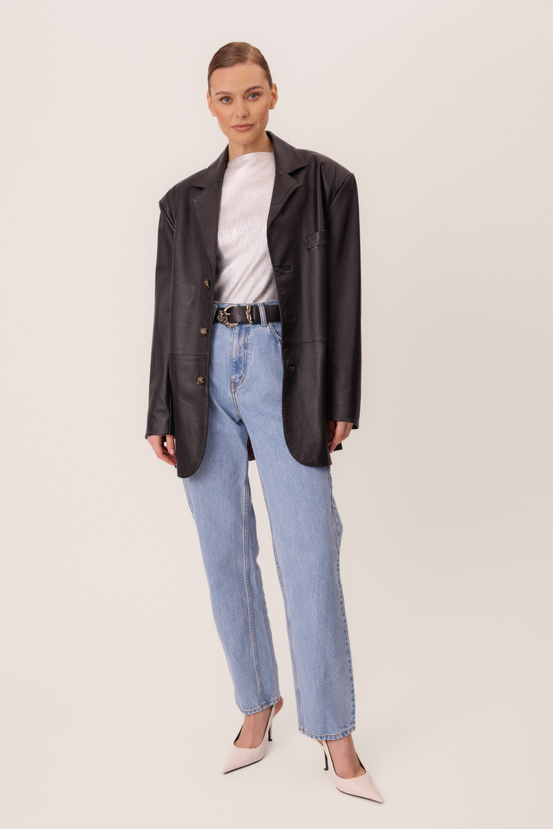 LONG BLACK WAISTED LEATHER JACKET