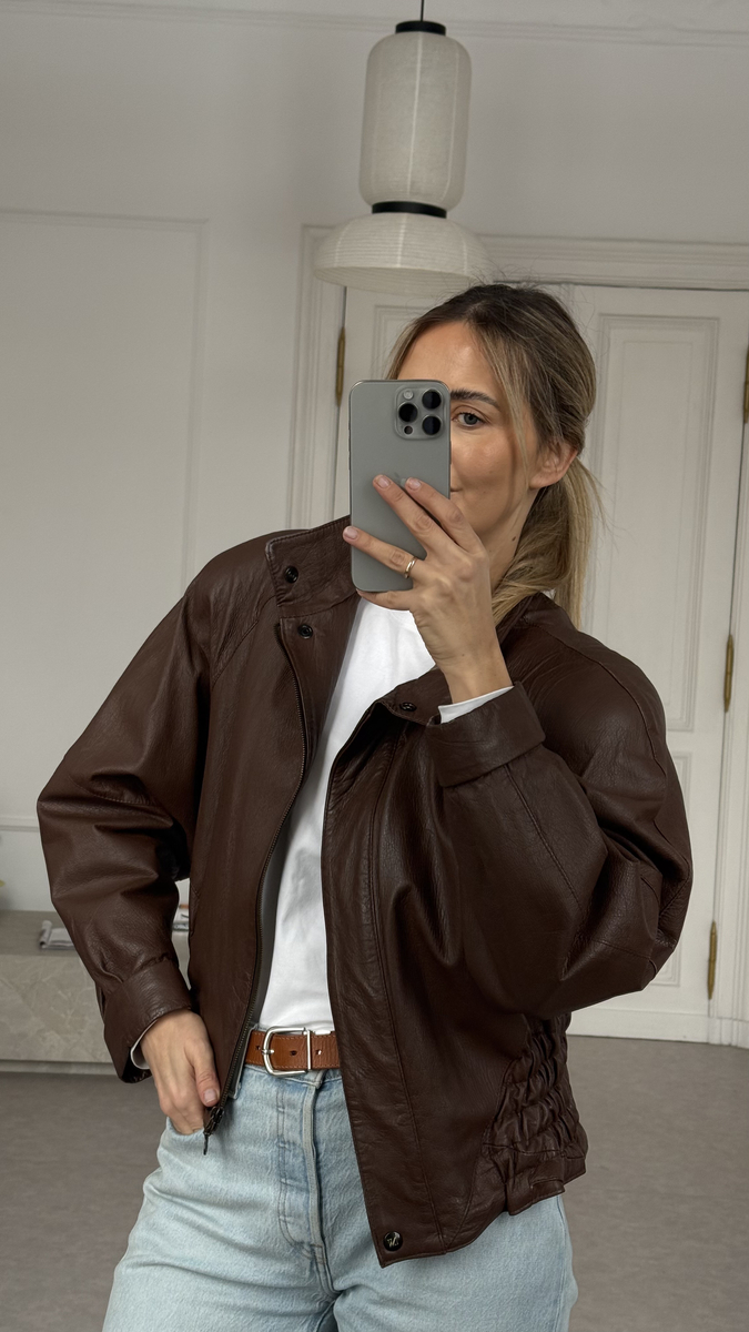 BROWN LEATHER JACKET WITH DETACHABLE FUR COLLAR