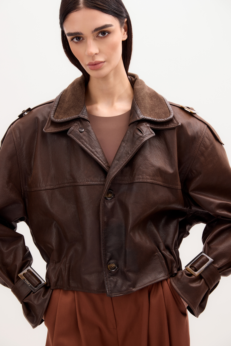 BROWN LEATHER JACKET WITH BUCKLES AND EPAULINS