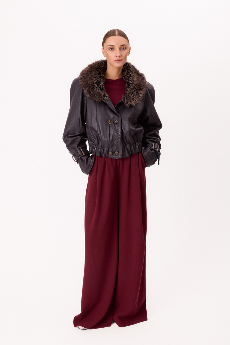 DARK PURPLE LEATHER JACKET WITH DETACHABLE FUR