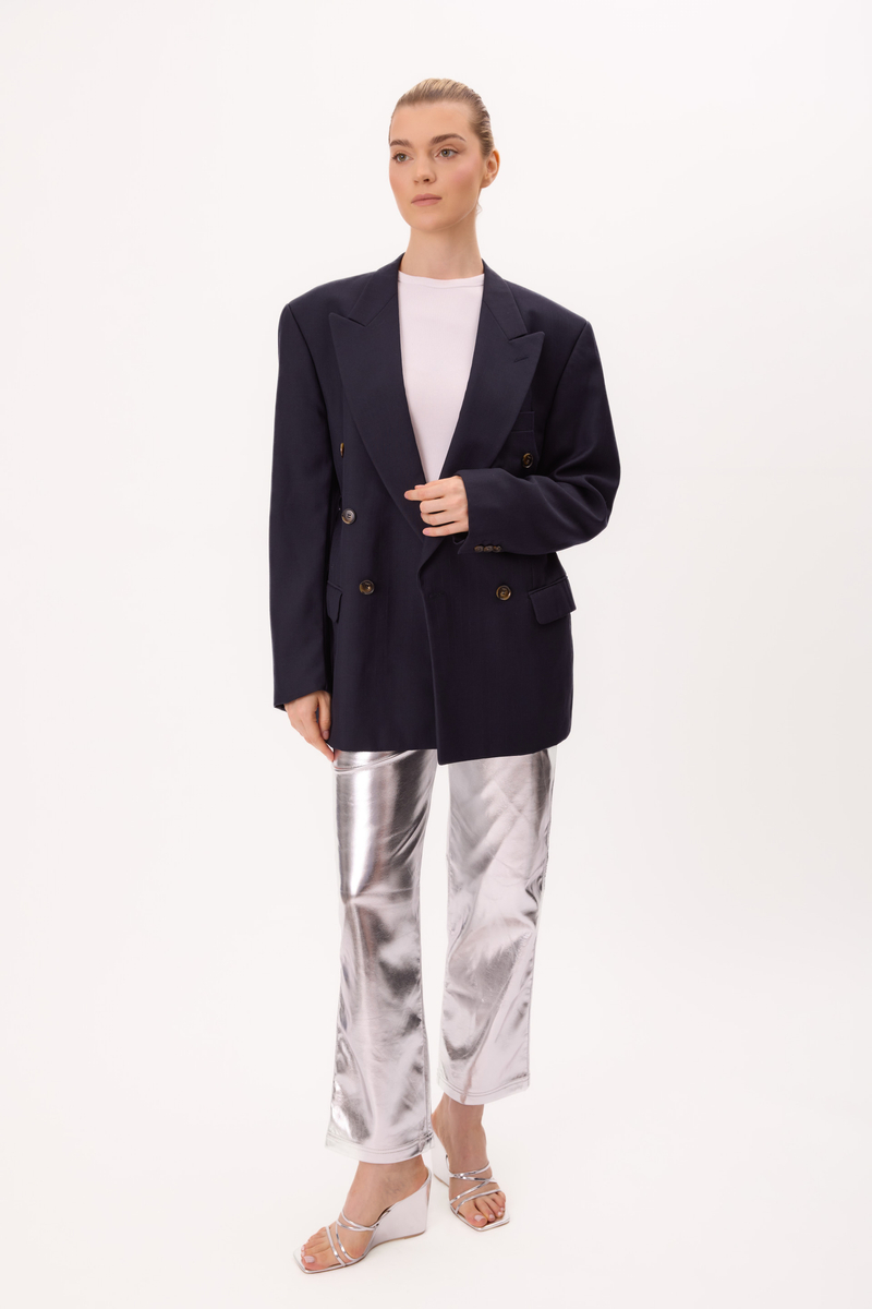 LONG NAVY BLUE SMOOTH DOUBLE-BREASTED JACKET MODEL No4