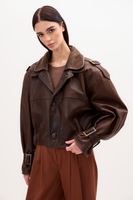 BROWN LEATHER JACKET WITH BUCKLES AND EPAULINS