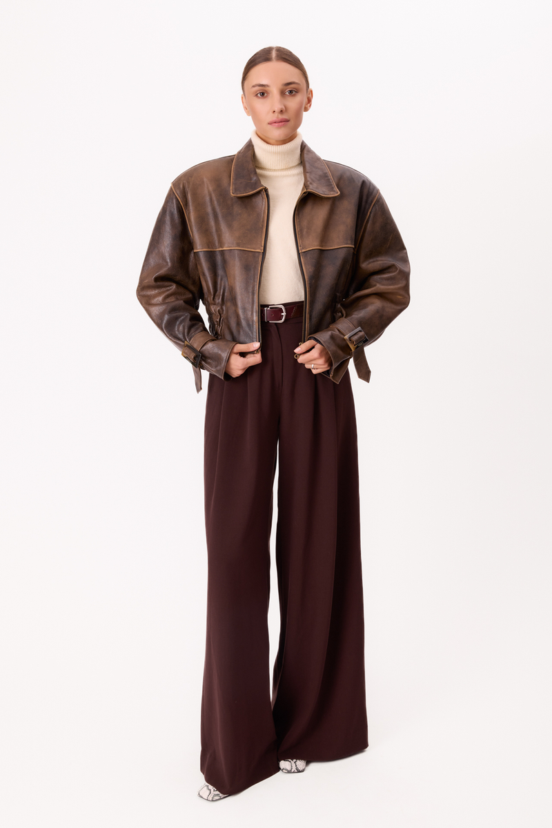 BROWN WAISTED LEATHER JACKET WITH BUCKLES