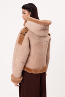 SHORT BEIGE NATURAL SHEEPSKIN COAT WITH HOOD