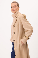 LONG BEIGE LEATHER TAPERED WAIST MAXI COAT WITH EPADS