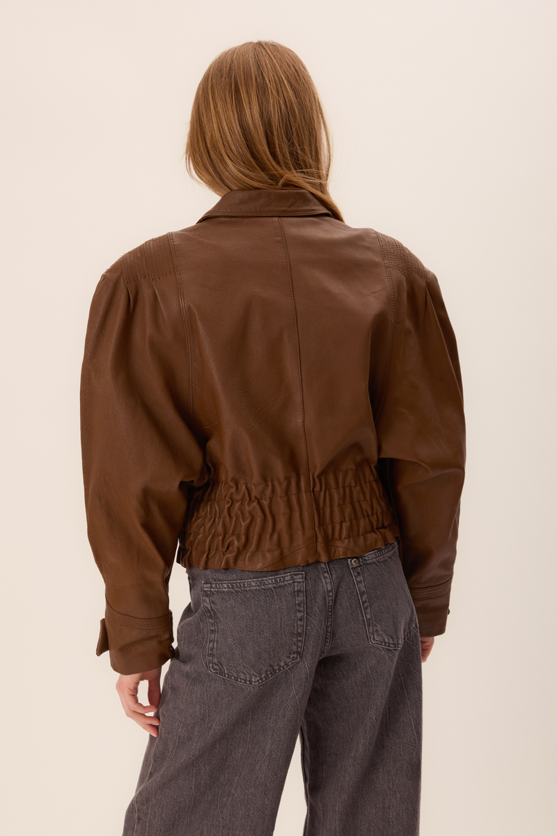BROWN FITTED LEATHER BIKER JACKET