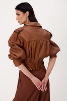SHORT BROWN WAISTED PETITE BROWN LEATHER JACKET WITH DECORATIVE COLLAR