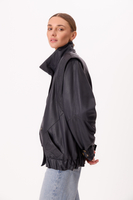 DŁUGA GRANATOWA KURTKA SKÓRZANA Z KIESZENIAMI