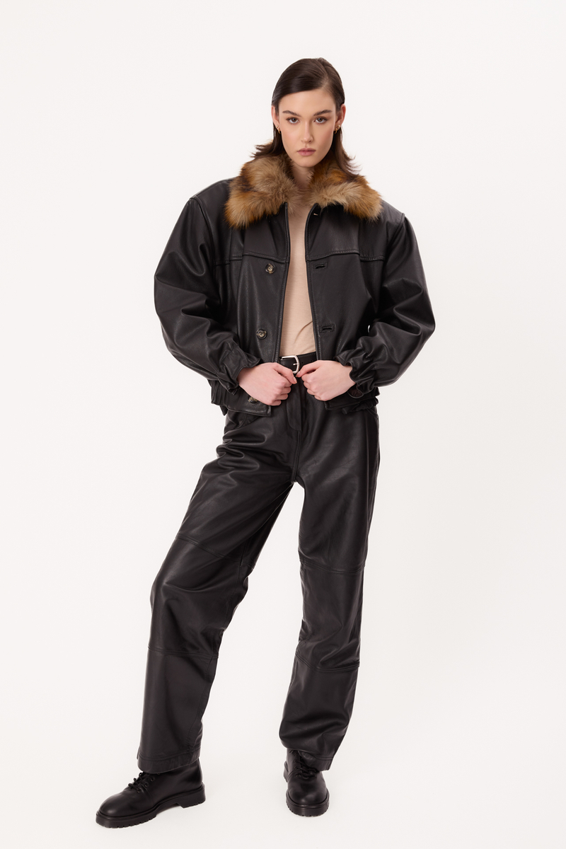 BLACK LEATHER JACKET WITH DETACHABLE FUR COLLAR