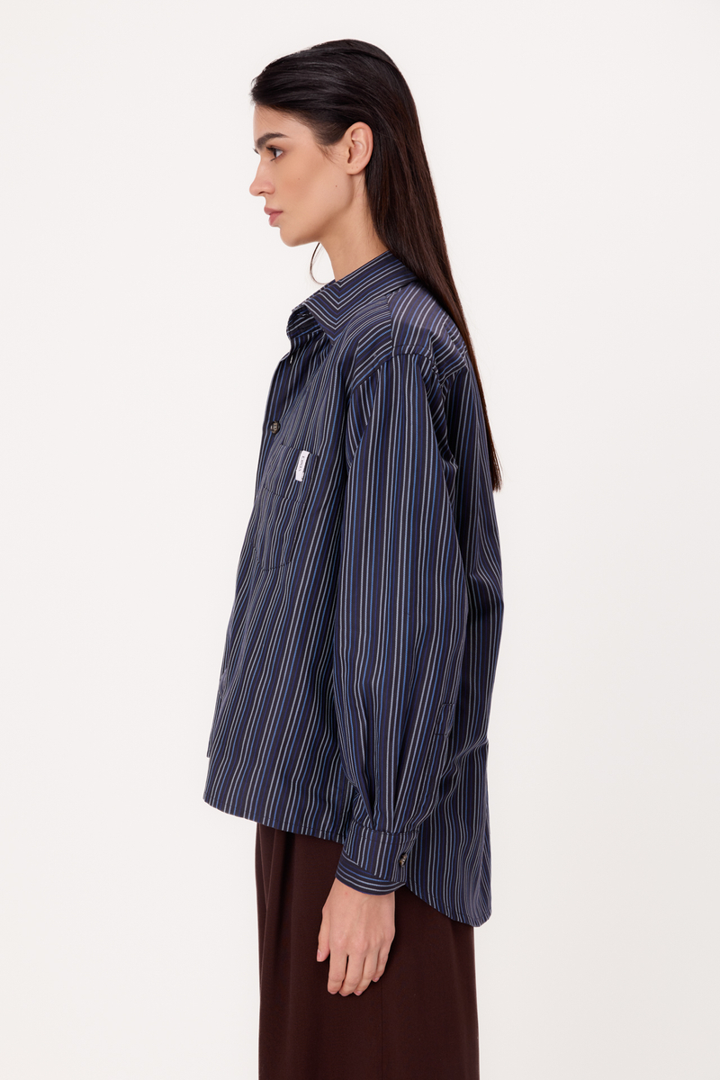 NAVY BLUE STRIPED OVERSIZED REGULAR SHIRT WITH DETACHABLE PADS