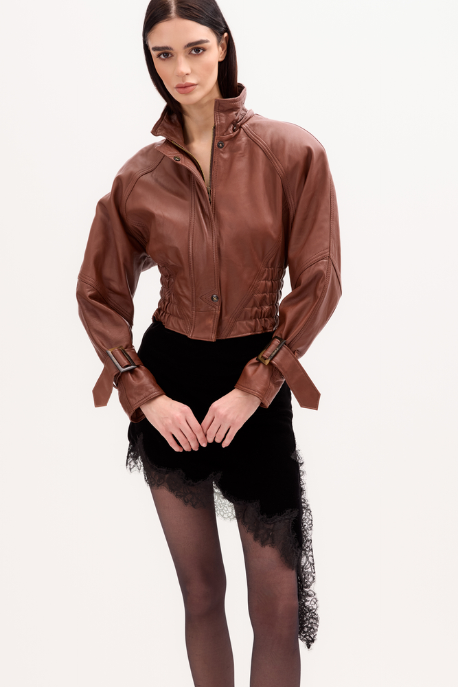 CAMEL LEATHER JACKET WITH BUCKLES