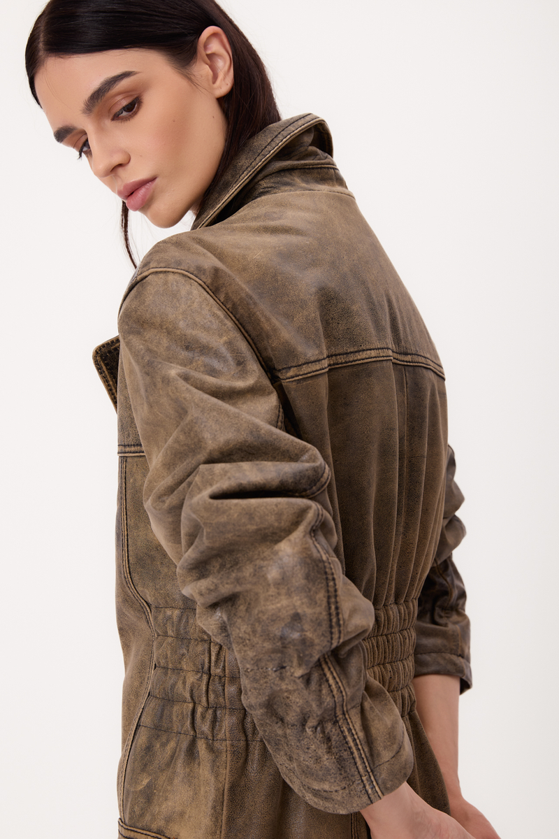 LONG GREEN SUEDE PETITE LEATHER JACKET WITH ADJUSTABLE WAIST AND BELT