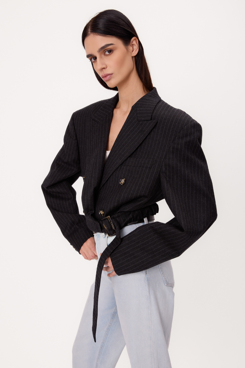 SHORT STRAIGHT NAVY BLUE TALL JACKET WITH LIGHT PINSTRIPE WITH BELT MODEL No3