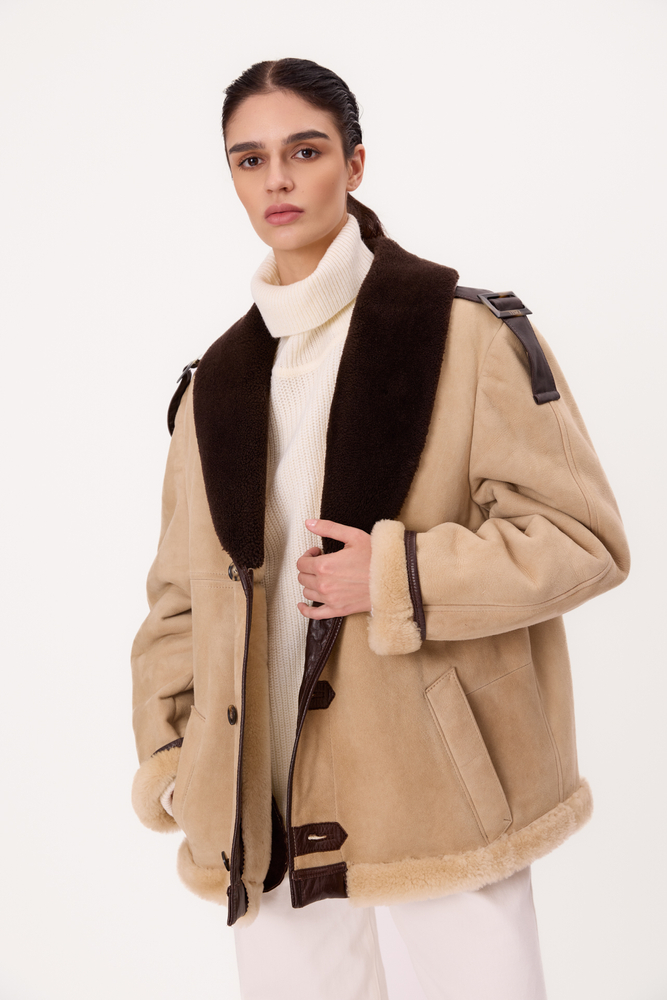 LONG BEIGE TALL SHEEPSKIN COAT WITH BROWN INSERTS