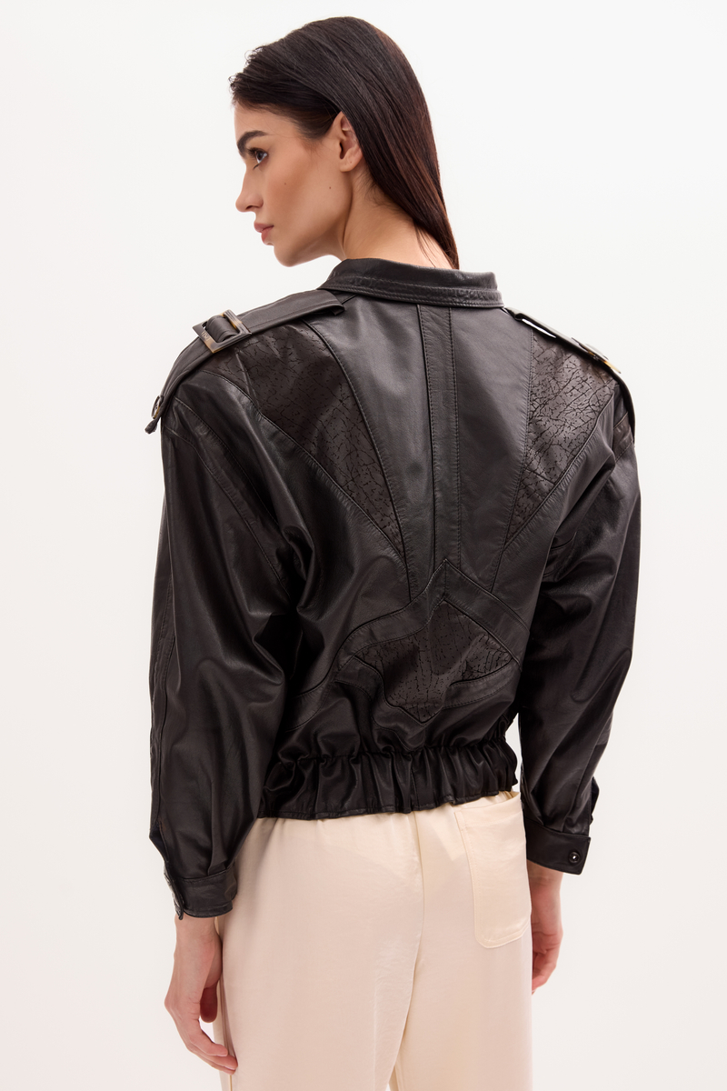 BLACK BOMBER LEATHER JACKET WITH EMBELLISHMENTS