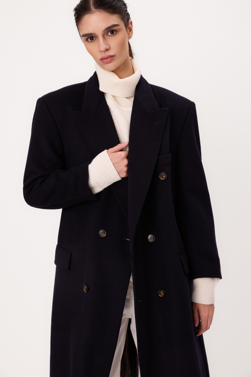 MIDI DARK NAVY BLUE ADJUSTABLE WAIST WOOL COAT