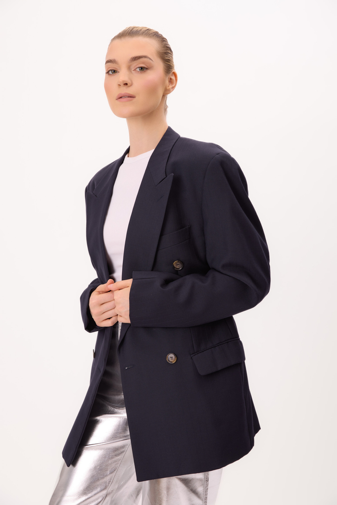 LONG NAVY BLUE SMOOTH DOUBLE-BREASTED JACKET MODEL No4