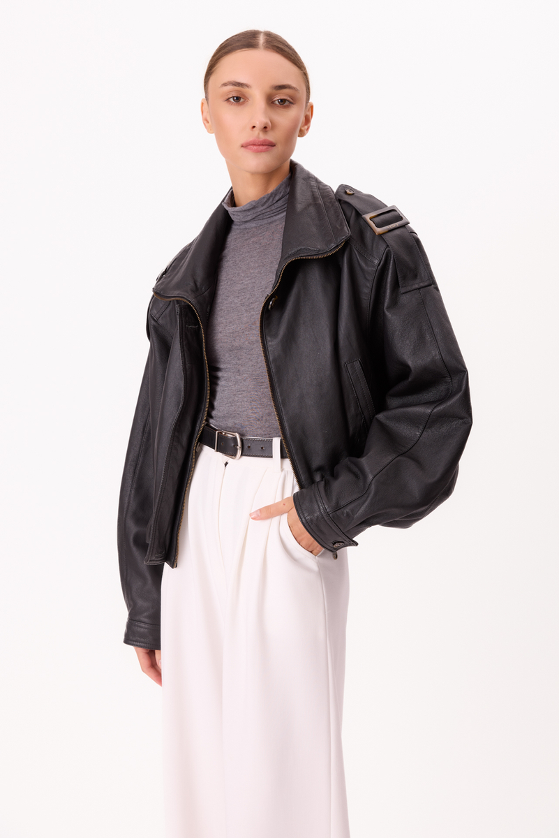 BLACK LEATHER JACKET WITH EPAULOS AND HIGH COLLAR