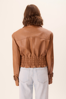 LIGHT BROWN LONG WAISTED LEATHER BIKER JACKET WITH BUCKLES