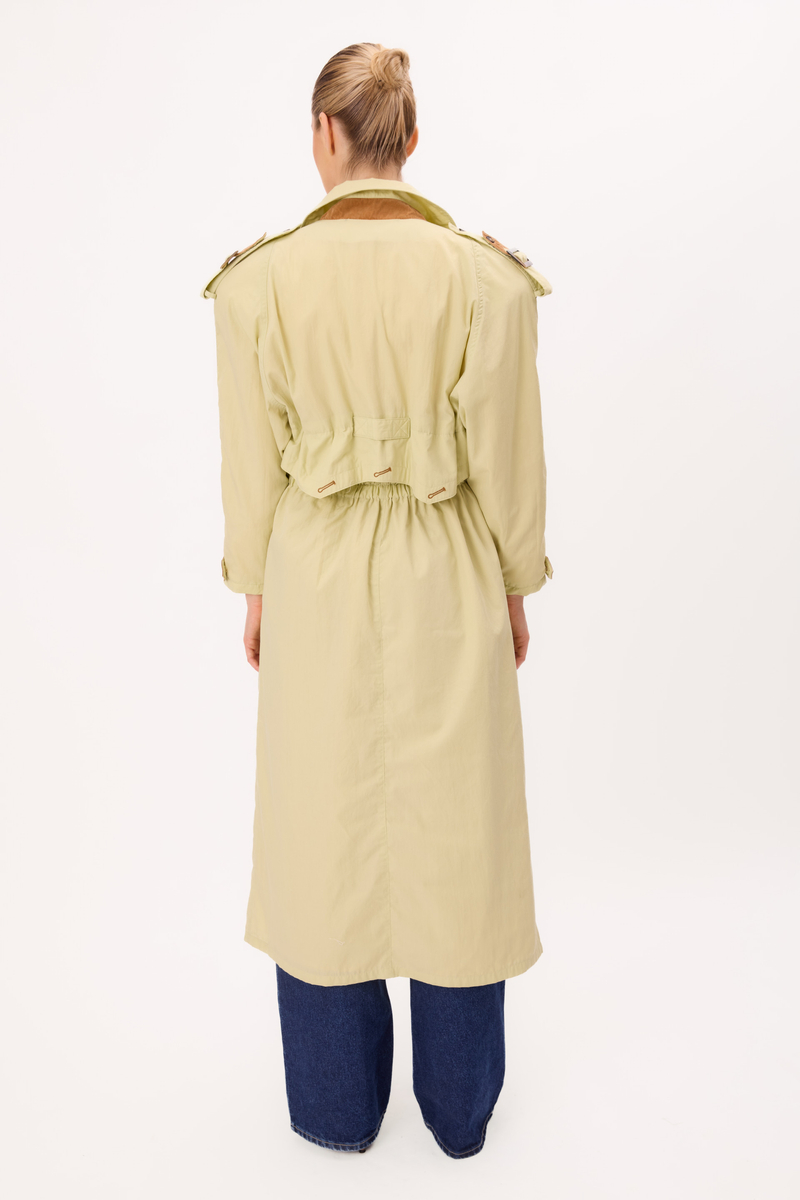 DŁUGI JASNOZIELONY MAXI TRENCH COAT REGULOWANY W TALII PŁASZCZ Z PASKIEM 