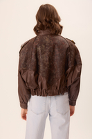 BROWN TEXTURED EMBELLISHED LEATHER JACKET