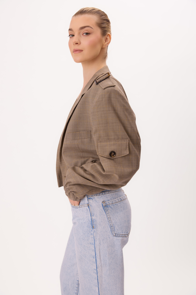 DARK BEIGE WOOL BOMBER JACKET WITH EPAULETTES