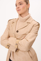 LONG BEIGE LEATHER TAPERED WAIST MAXI COAT WITH EPADS