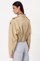 LIGHT BEIGE ADJUSTABLE WAIST TALL LEATHER JACKET WITH BLACK INSERTS