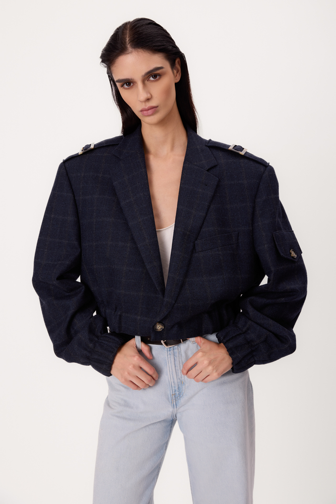 OVERSIZE NAVY BLUE REGULAR CHECKED BOMBER JACKET