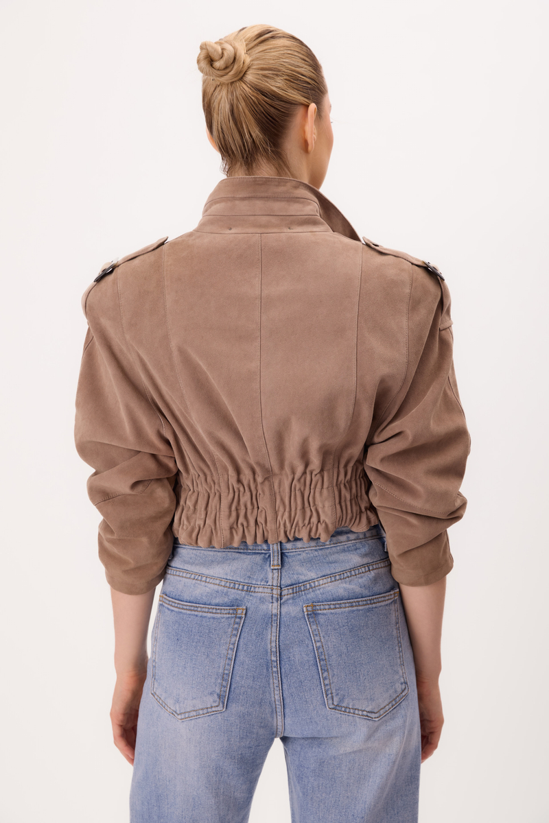 SHORT BEIGE SUEDE LEATHER BOMBER JACKET WITH EPADS