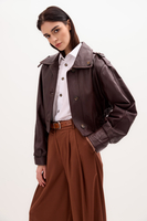BROWN OVERSIZE LEATHER JACKET WITH HIGH COLLAR