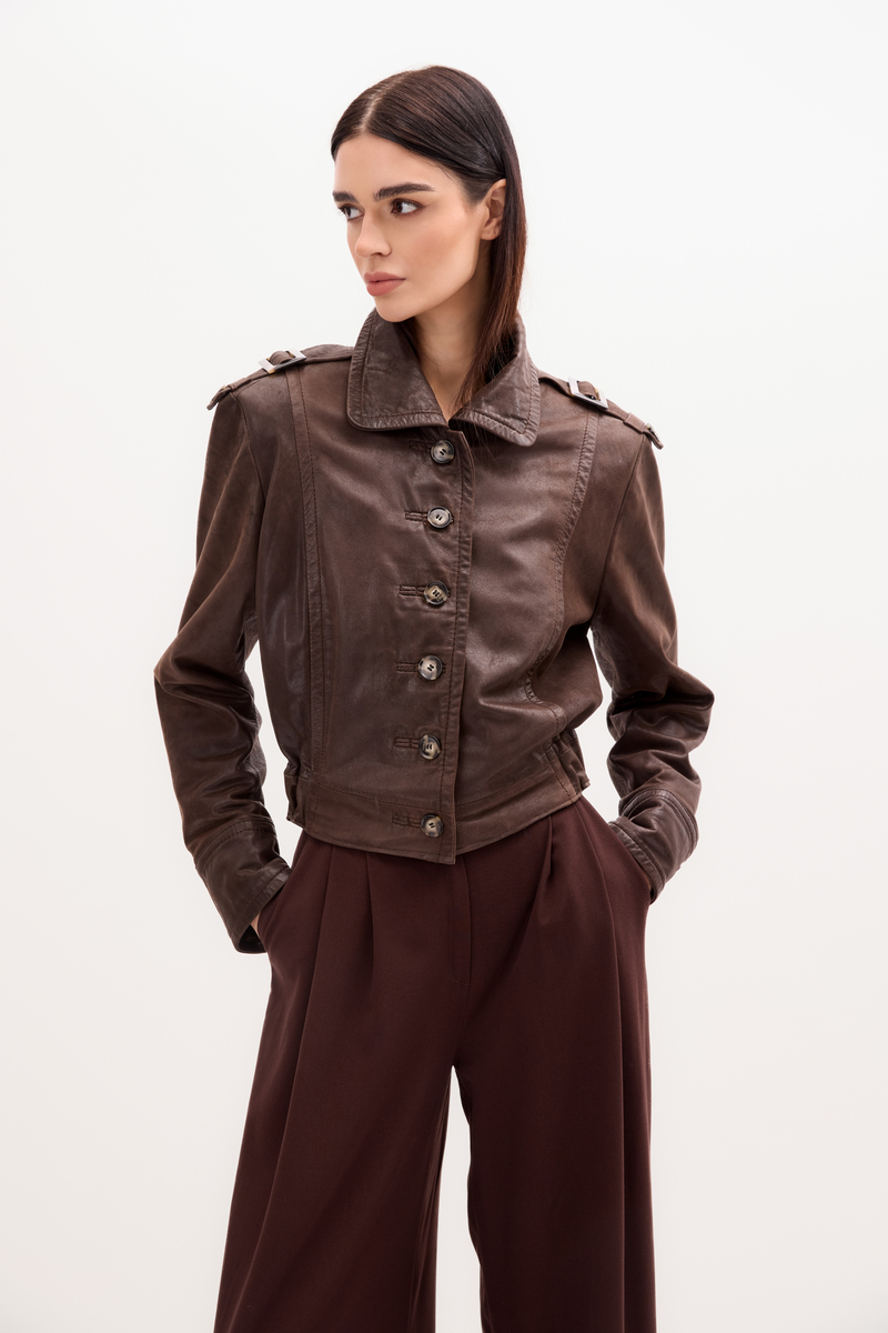 CHOCOLATE LEATHER JACKET WITH EPAULOS