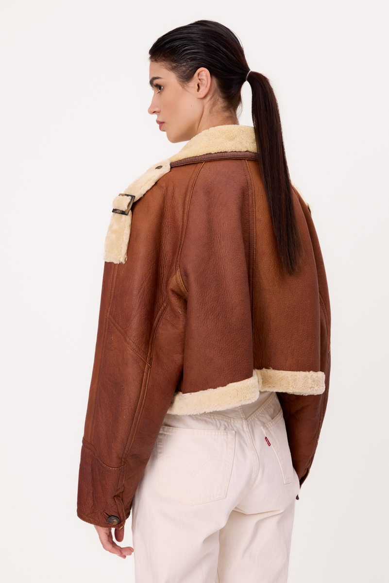 SHORT BROWN NATURAL SHEEPSKIN TALL COAT WITH WHITE FUR