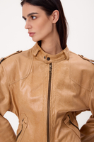 BEIGE ADJUSTABLE WAIST  PETITE LEATHER JACKET