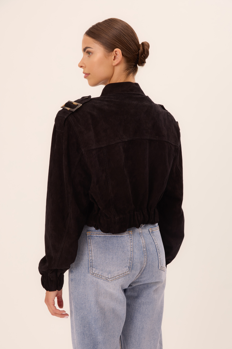 BLACK VELVET SHORT BOMBER JACKET WITH SHOULDER ELEMENTS