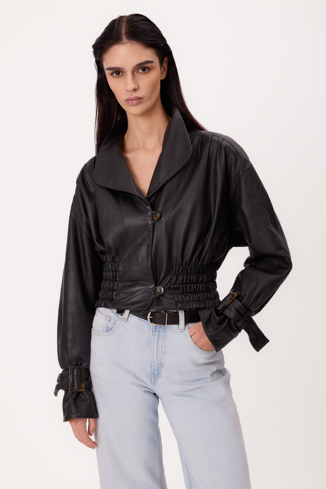 SHORT BLACK ADJUSTABLE WAIST PETITE LEATHER JACKET WITH BUCKLES