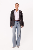 LONG CHOCOLATE LEATHER JACKET WITH EPAULOS