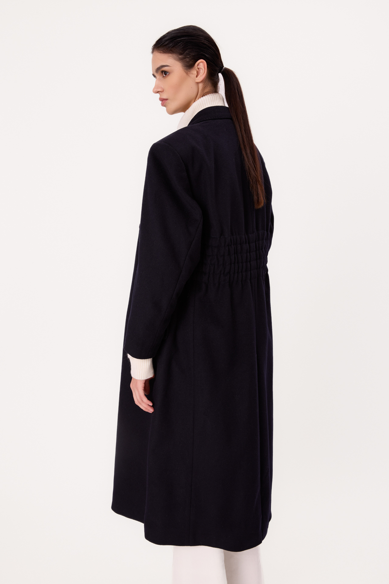 MIDI DARK NAVY BLUE ADJUSTABLE WAIST WOOL COAT