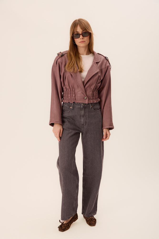 PURPLE SHORT WAISTED LEATHER JACKET