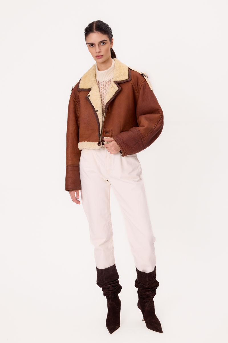 SHORT BROWN NATURAL SHEEPSKIN TALL COAT WITH WHITE FUR
