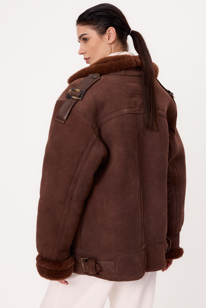 DŁUGI BRĄZOWY KOŻUCH NATURALNY Z ZAMKIEM