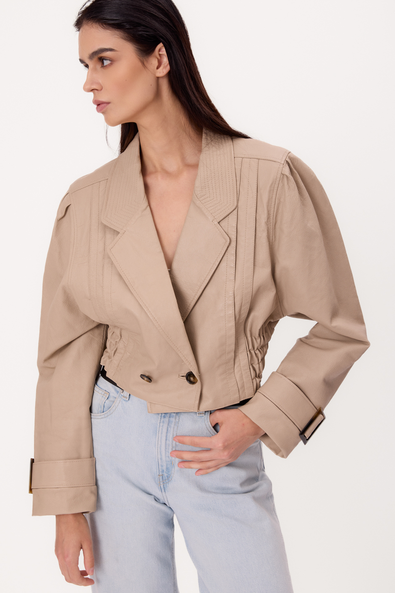 BEIGE ADJUSTABLE WAIST PETITE LEATHER JACKET WITH BUCKLES