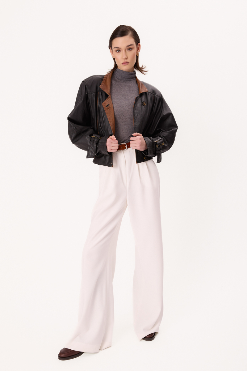 BLACK FITTED LEATHER JACKET WITH BROWN INSERTS