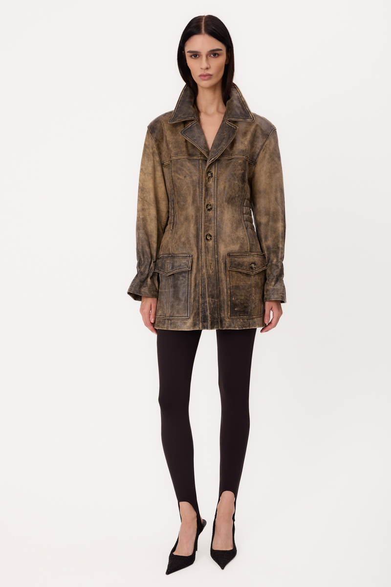 LONG GREEN SUEDE PETITE LEATHER JACKET WITH ADJUSTABLE WAIST AND BELT