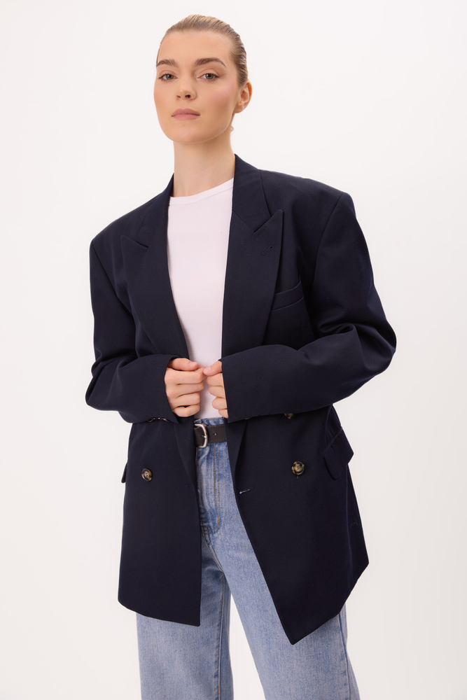 LONG NAVY BLUE SMOOTH DOUBLE-BREASTED JACKET MODEL No4
