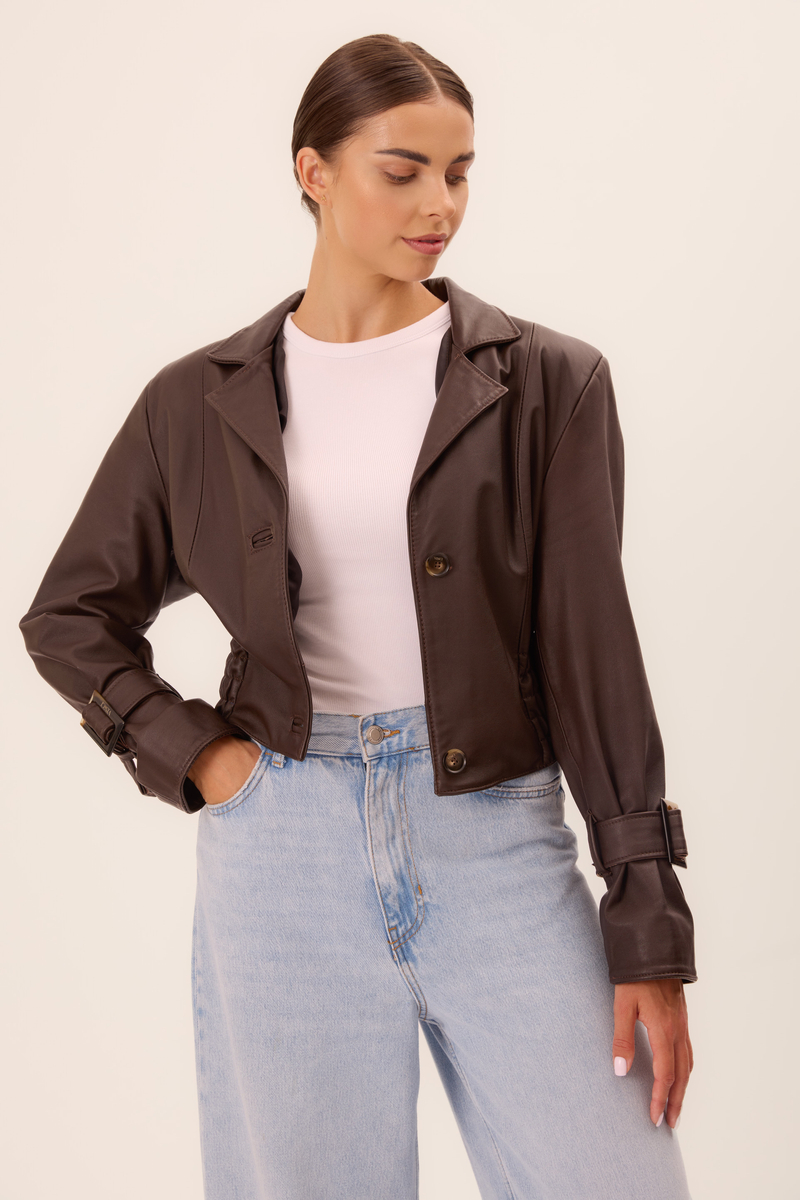 CHOCOLATE LEATHER JACKET WITH DECORATIVE BUCKLES IN CUT No5