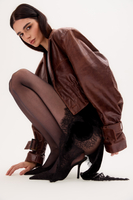 BROWN LEATHER JACKET WITH BUCKLES AND DEEP COLLAR